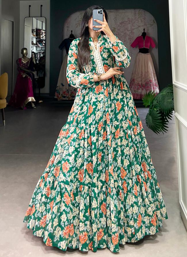 Georgette Green Traditional Wear Printed Readymade Gown